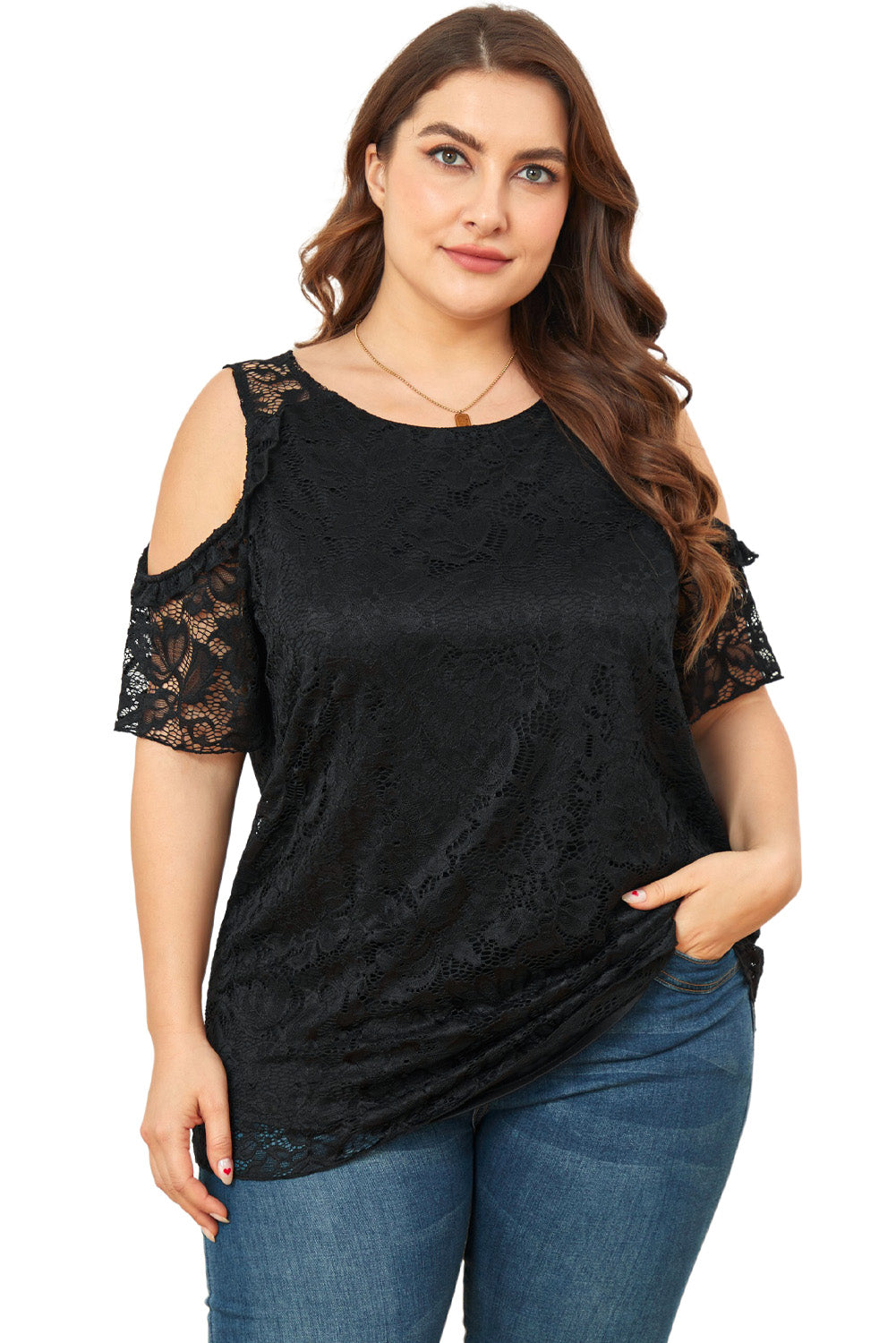 Floral Lace Cold Shoulder Plus Size Top