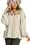 Floral Embroidered Swiss Dot Split Neck Babydoll Blouse