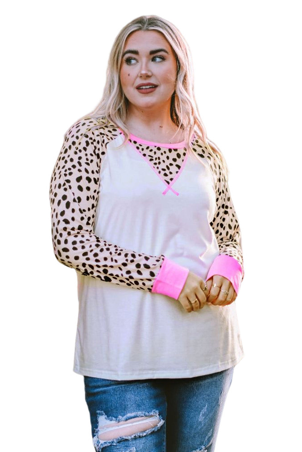 Leopard Patchwork Long Sleeve Plus Size Top