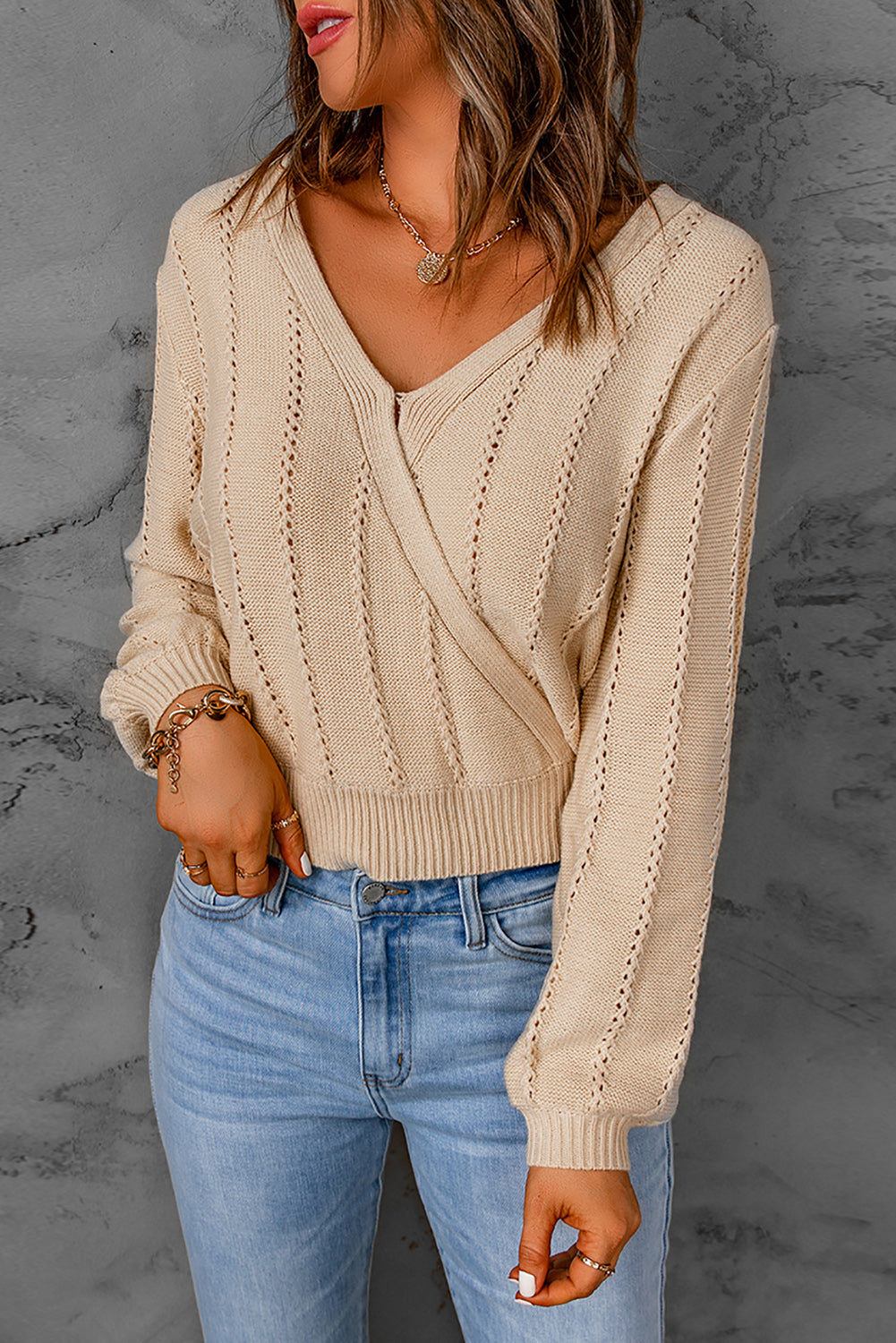 Hollow Out V Neck Pullover Sweater