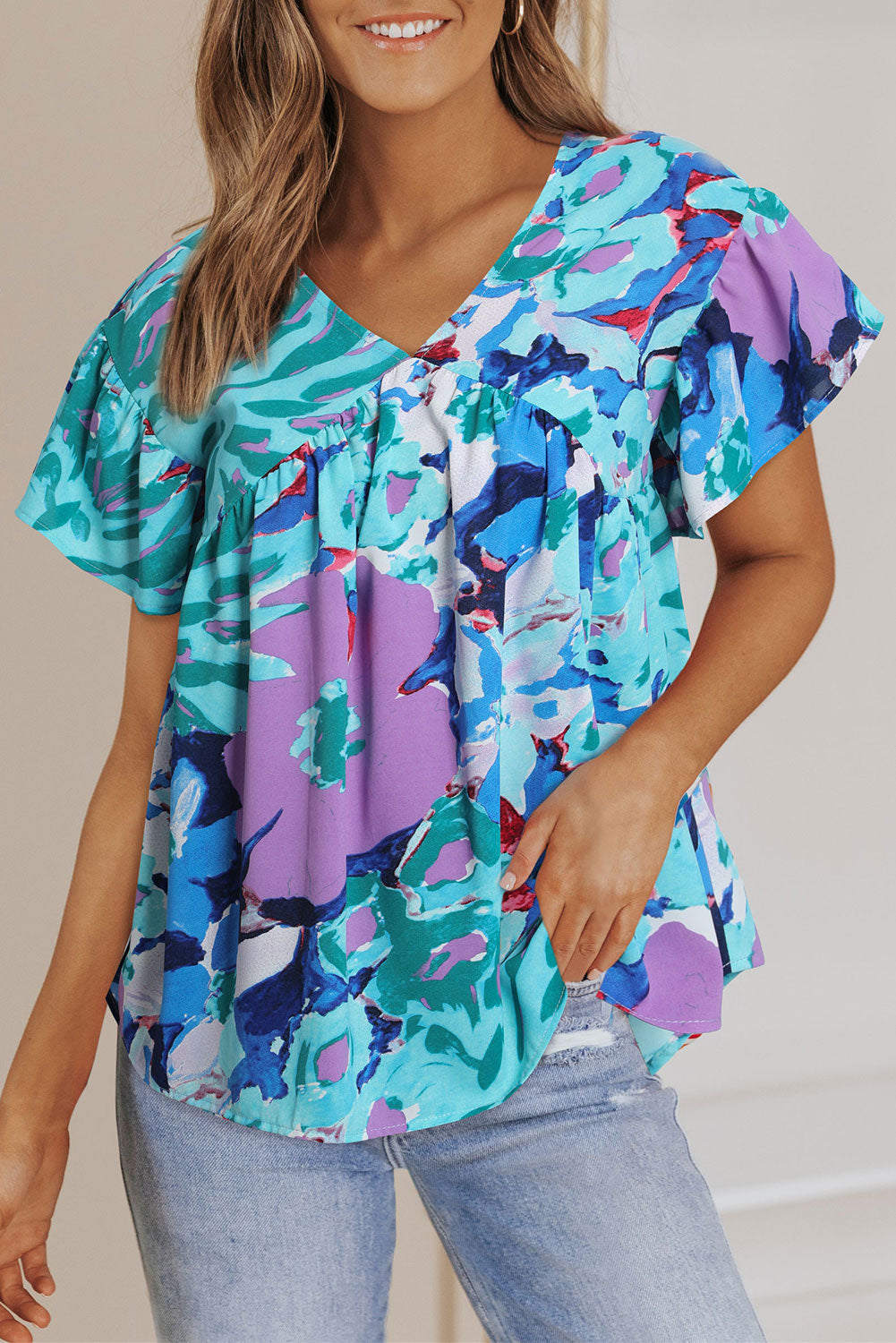 Abstract Print V Neck Flutter Sleeve Blouse