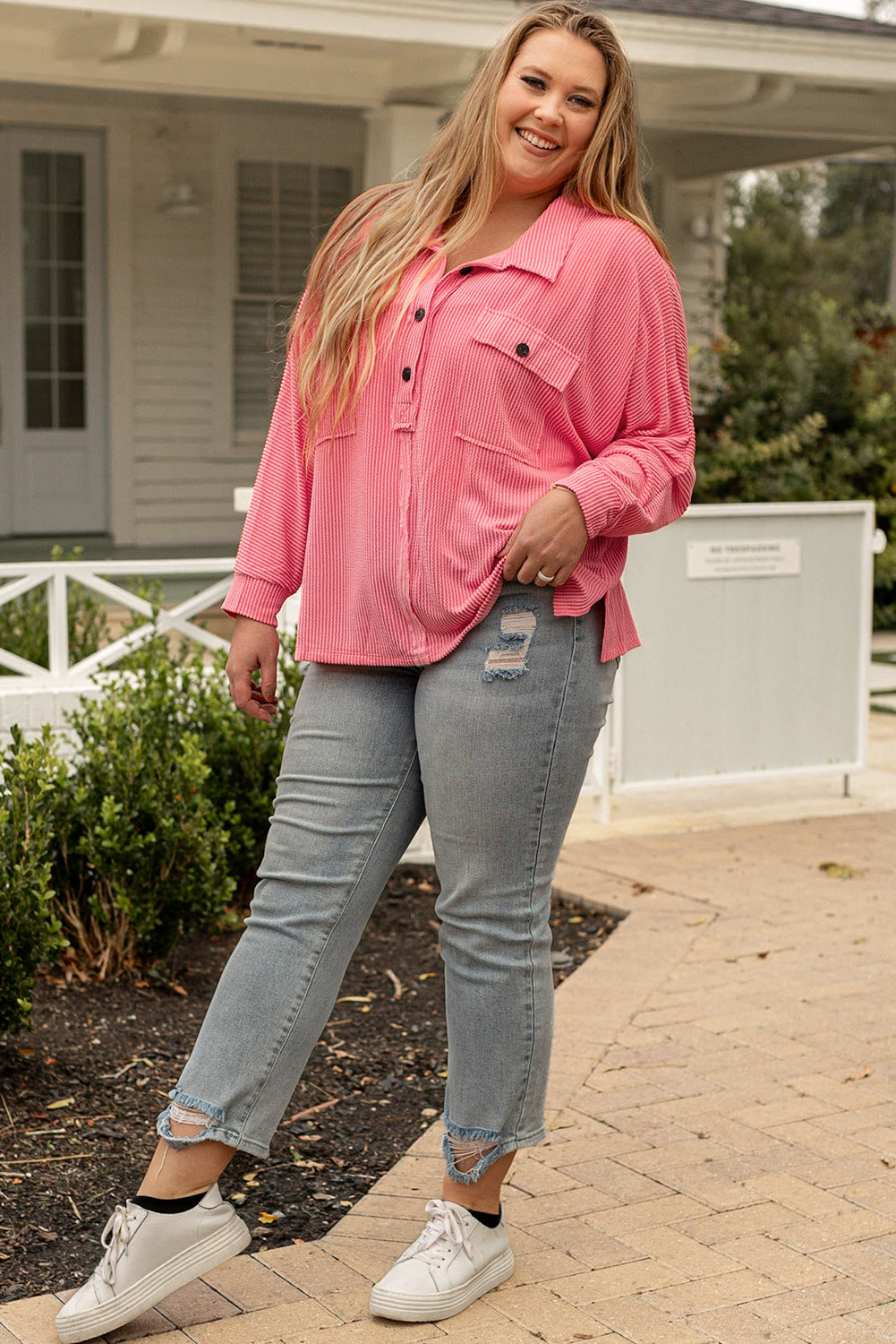 Pink Plus Size Ribbed Pocketed Long Sleeve Henley Top