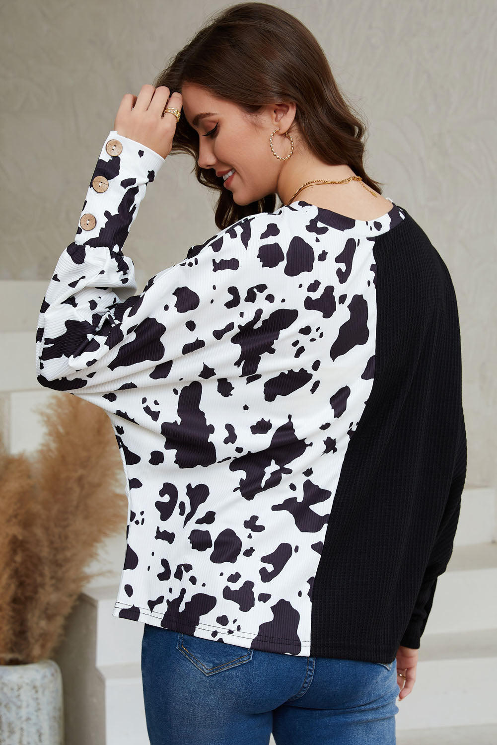 Cow Patchwork Waffle Knit Long Sleeve Top