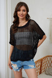 Fishnet Knit Ribbed Round Neck Short Sleeve Sweater Tee