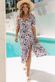 Boho Floral Print Short Puff Sleeve Ruffled Hem Dress