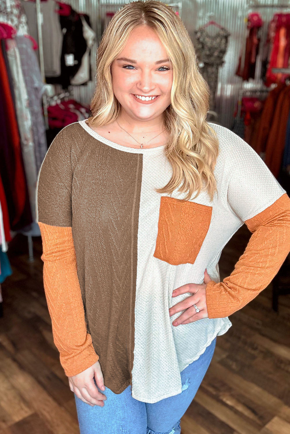 Orange Long Sleeve Colorblock Chest Pocket Textured Knit Top