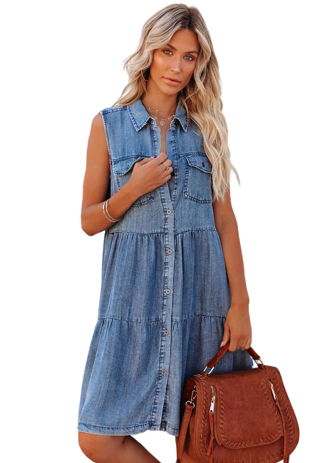 Robe en jean sans manches boutonnée avec poches à rabat bleu ciel