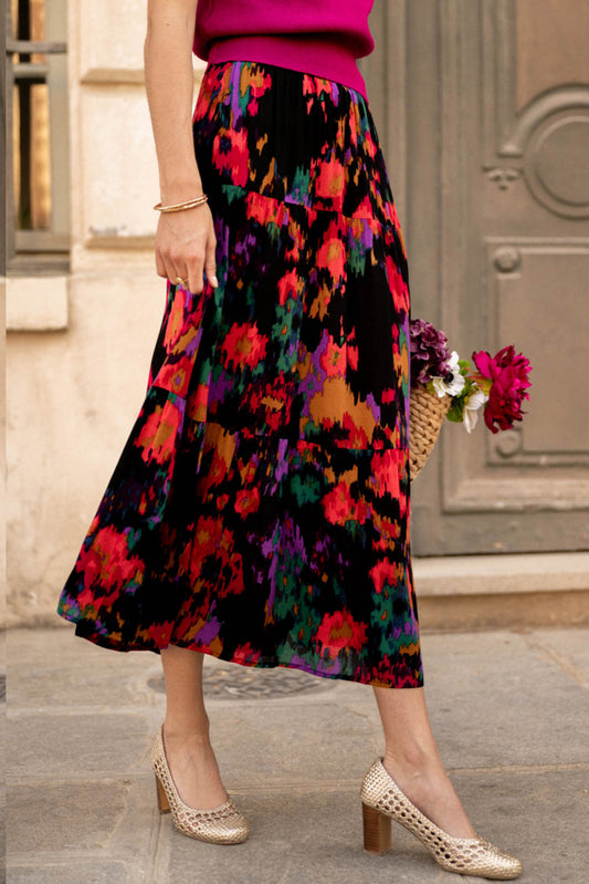 Abstract Floral Print High Waist Maxi Skirt