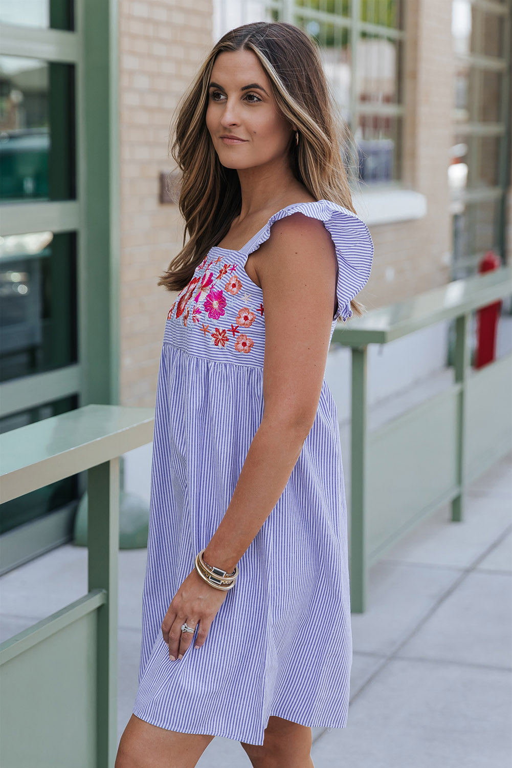 Floral Embroidered Striped Ruffled Sleeveless Mini Dress