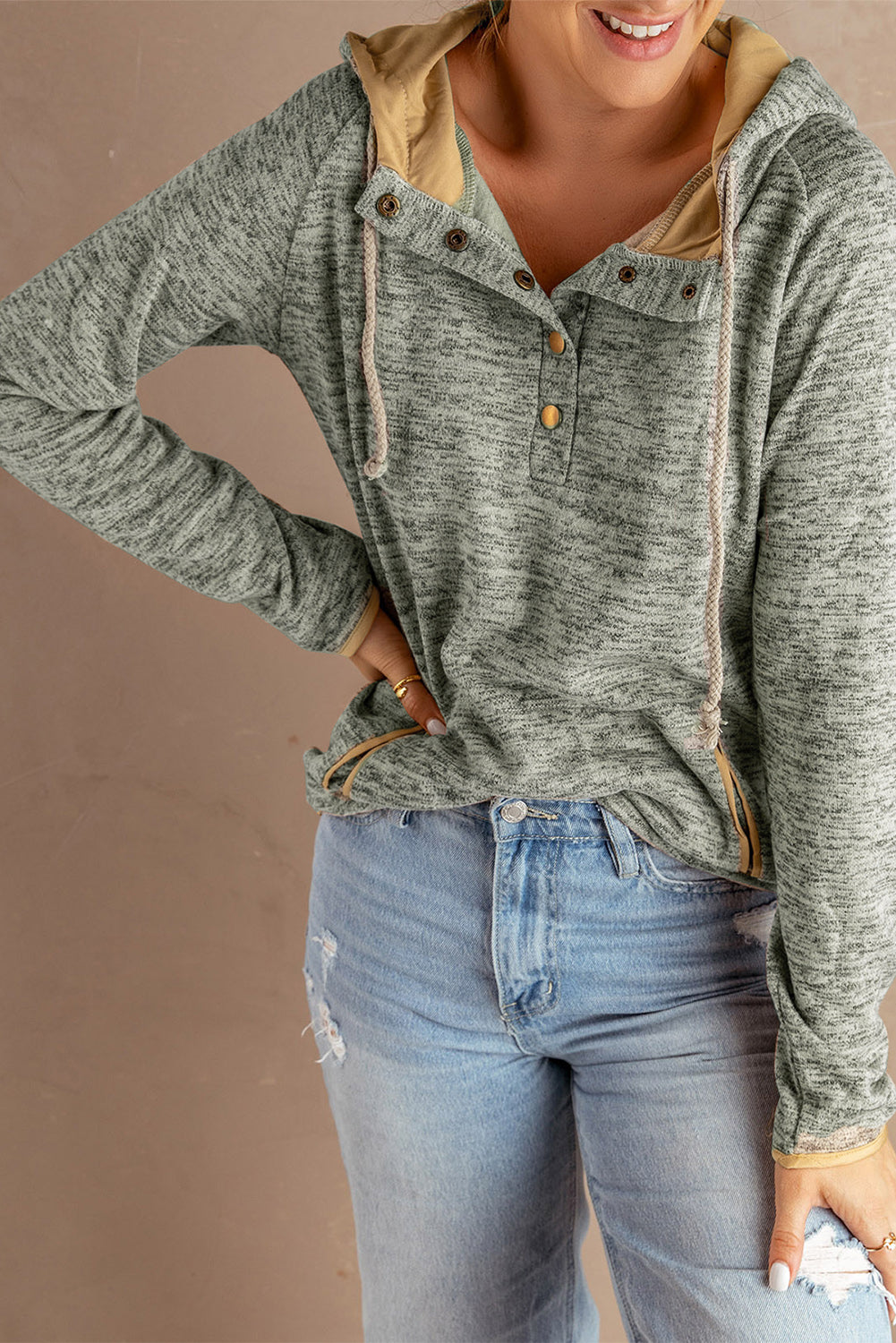 Heathered Print Button Snap Neck Pullover Hoodie