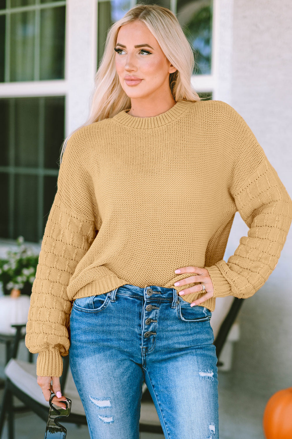 Hollowed Bubble Sleeve Knit Sweater