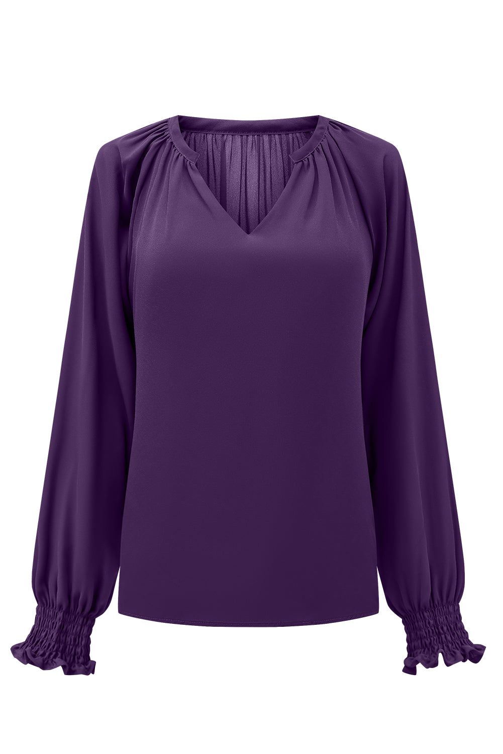 Purple Pleated V Neck Puffy Sleeve Blouse