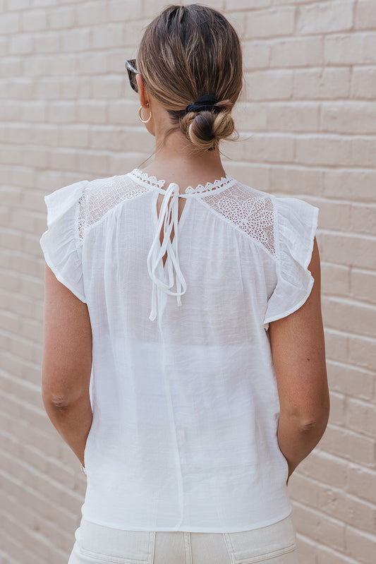 Chemisier babydoll beige en dentelle au crochet et patchwork à manches flottantes