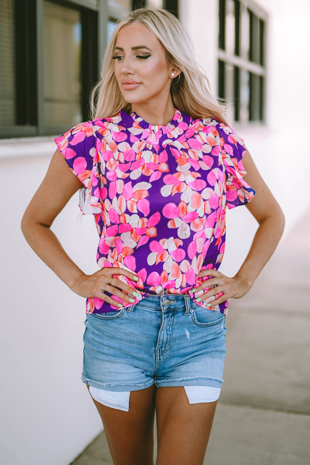 Ruffle Sleeve Floral Print Blouse