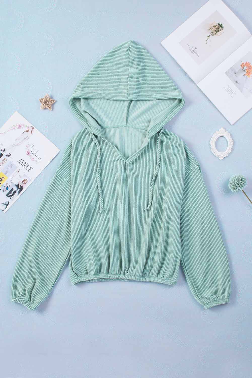 Loose Fit Ribbed V Neck Hoodie