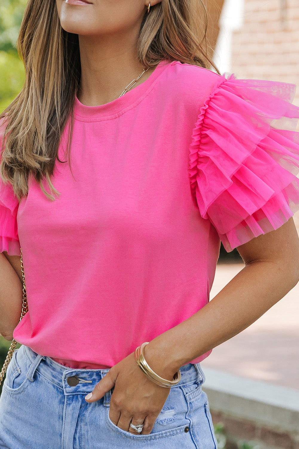 Tulle Ruffle Sleeve Top