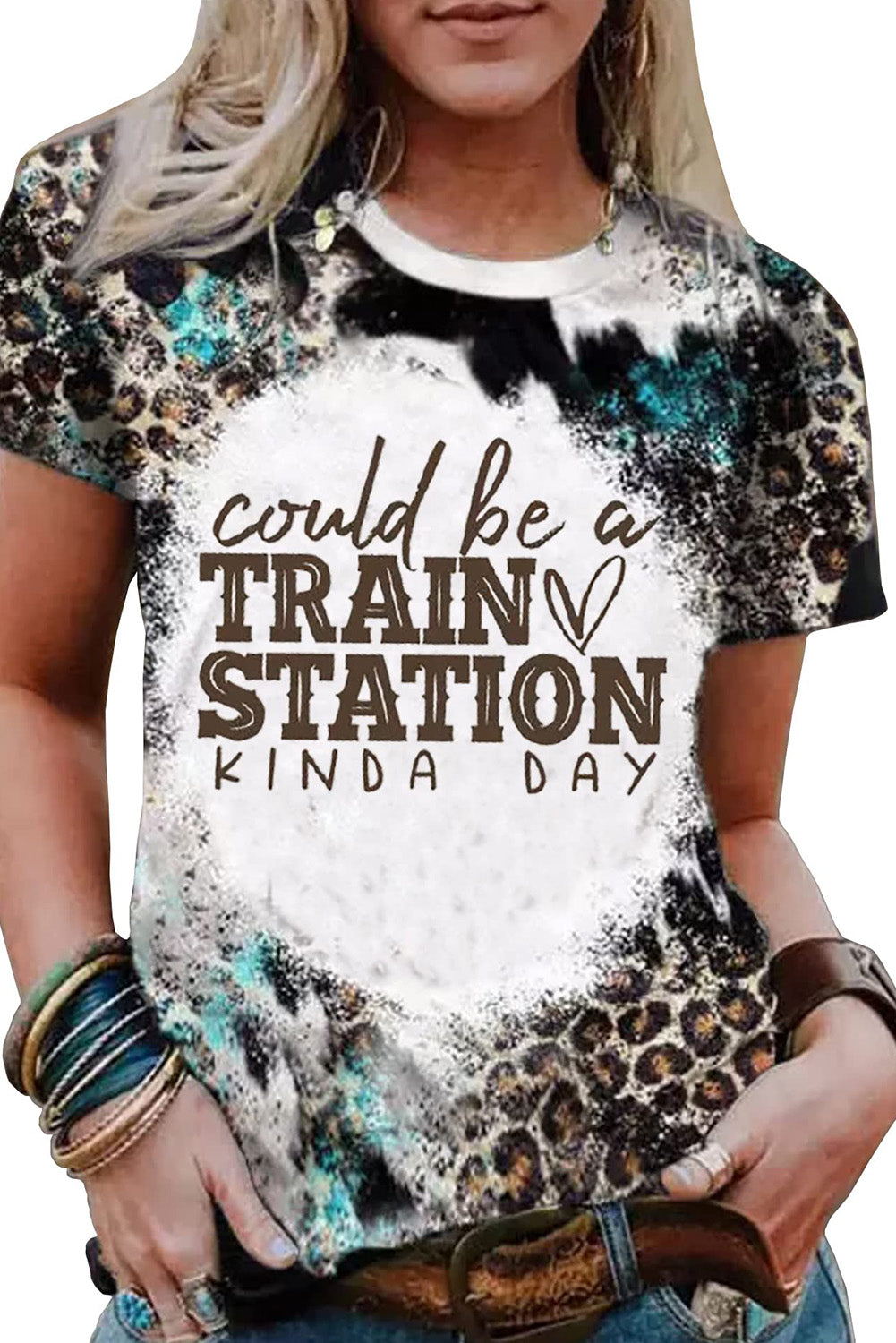 TRAIN STATION Graphic Leopard Print T Shirt