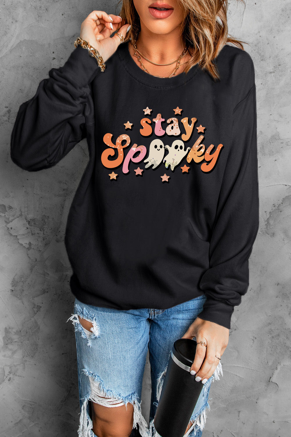 Orange Plain Crew Neck Pullover Sweatshirt