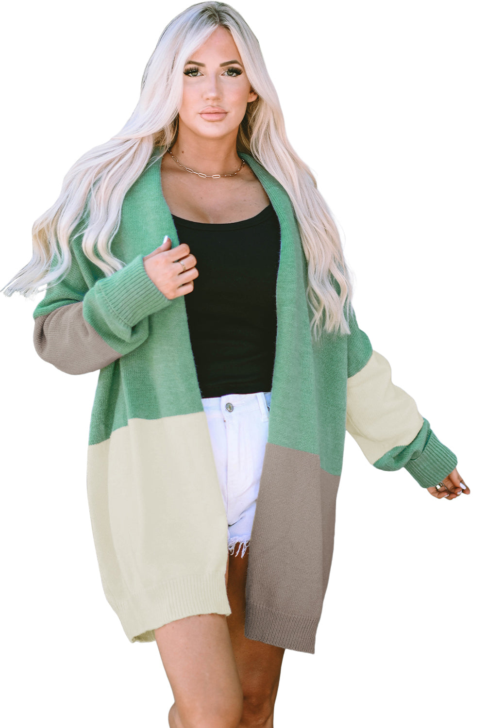 Colorblock Draped Open Front Chunky Cardigan