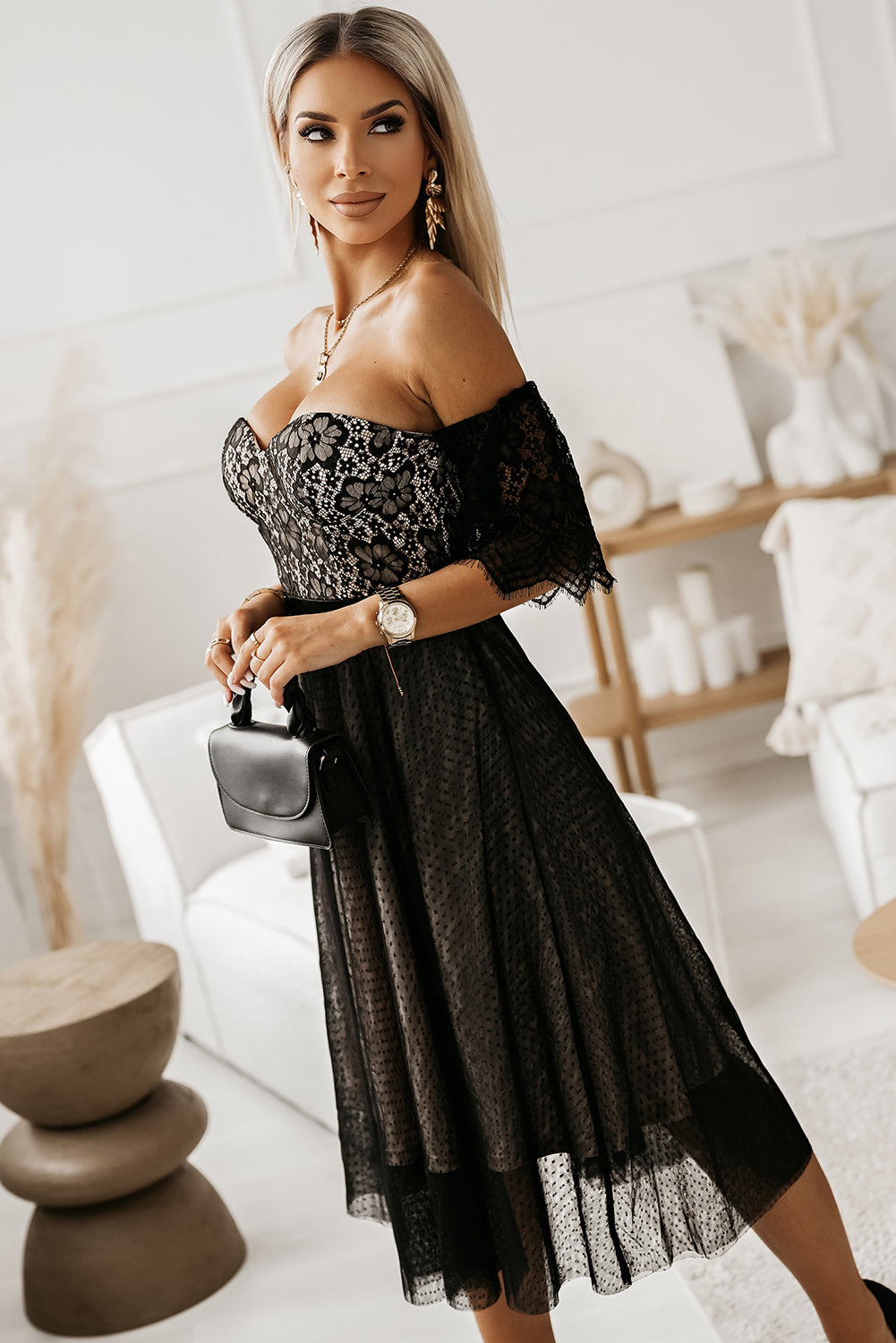 Dotted Lace Mesh Off Shoulder Dress