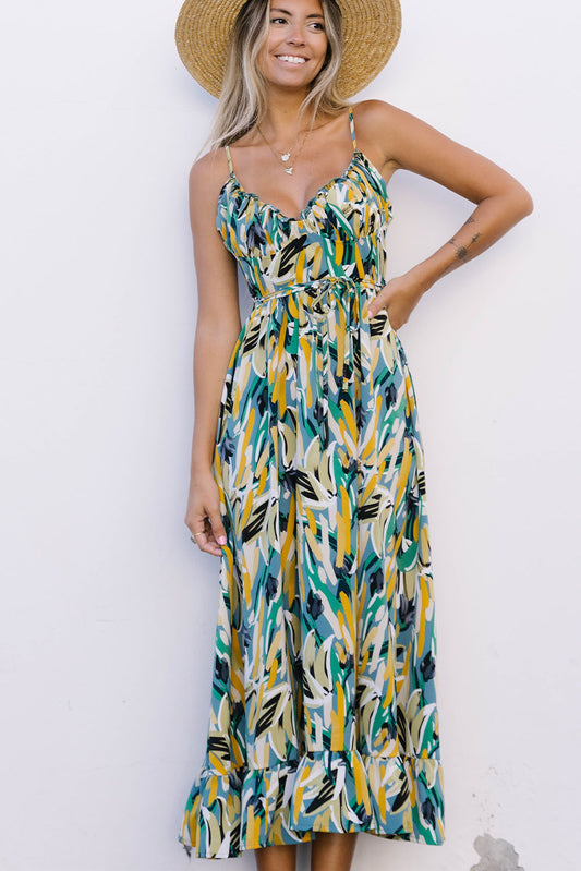 Abstract Printed Spaghetti Straps Ruffle Maxi Dress