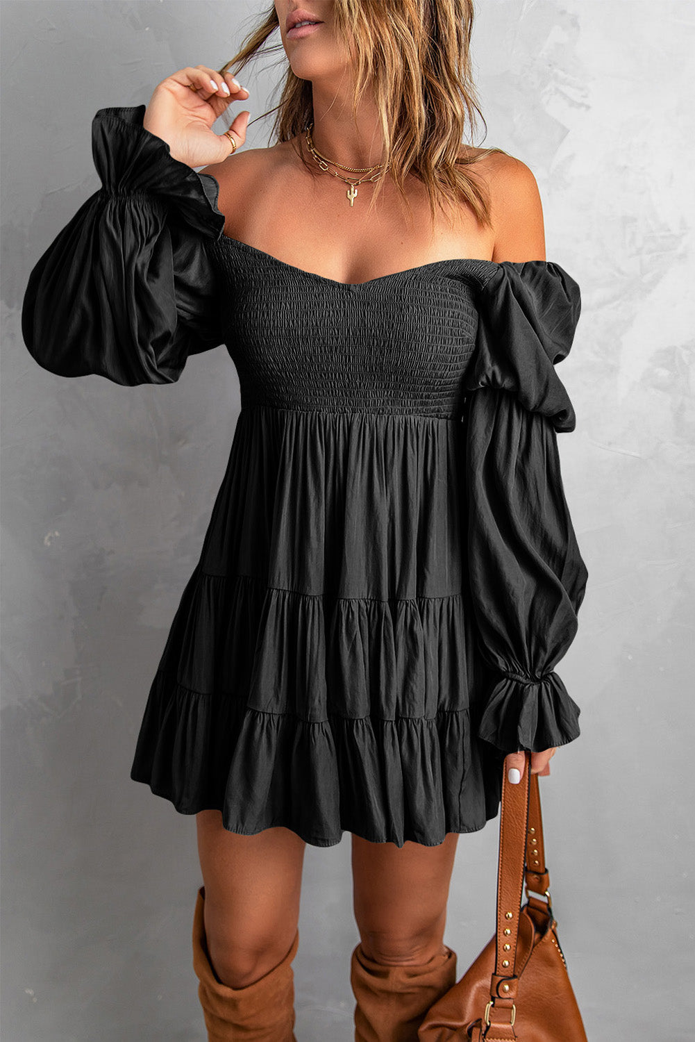 Boho Solid Shirred Ruffle Mini Dress