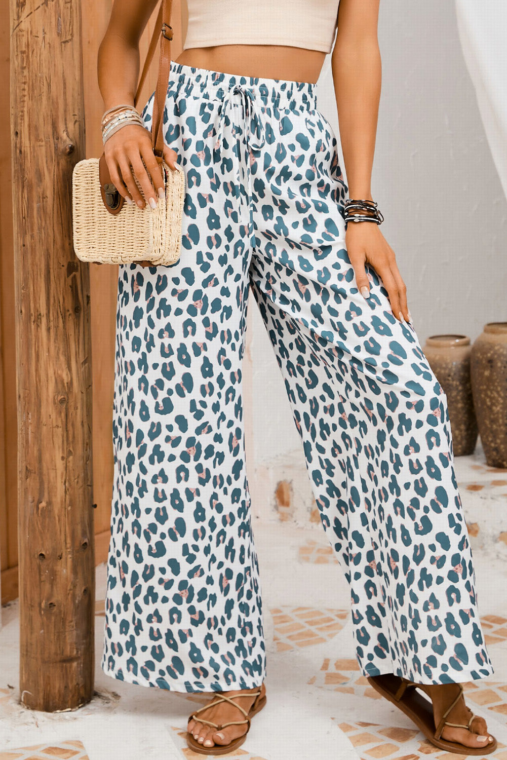 Leopard Print Pocketed Wide Leg Pants