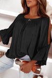 Black Lace Crochet Cut-Out Bracelet Sleeve Ruffle Blouse