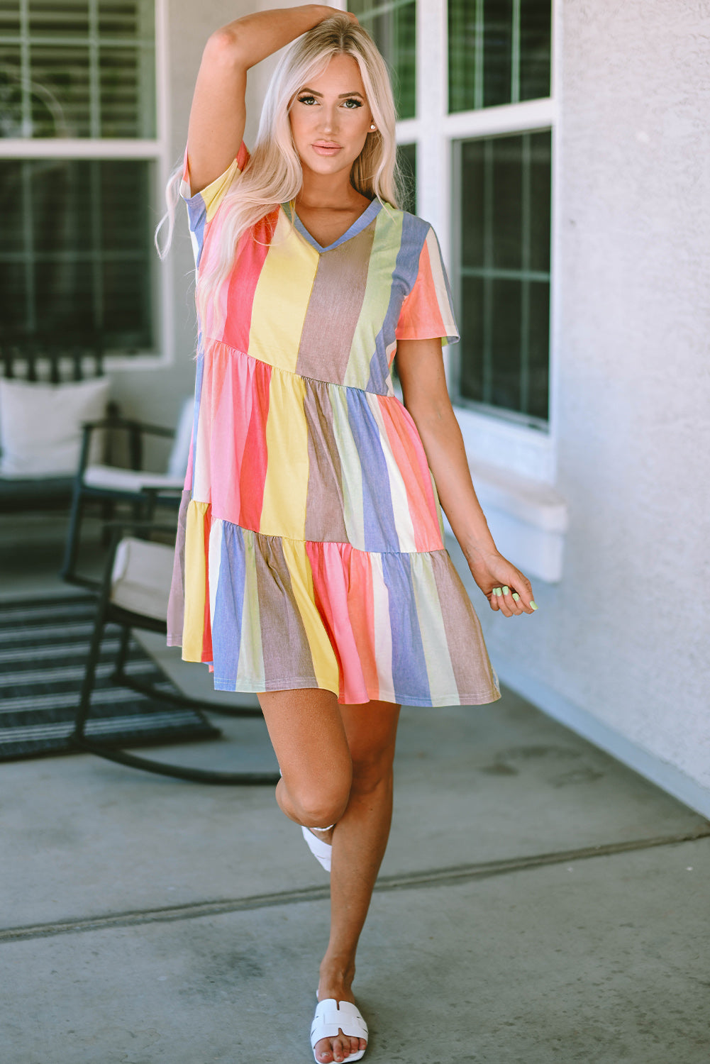 Stripe Color Block Ruffled T-shirt Dress