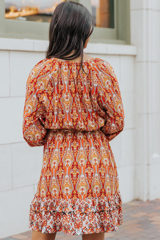 Western Pattern Print Lantern Sleeve Drawstring Mini Dress