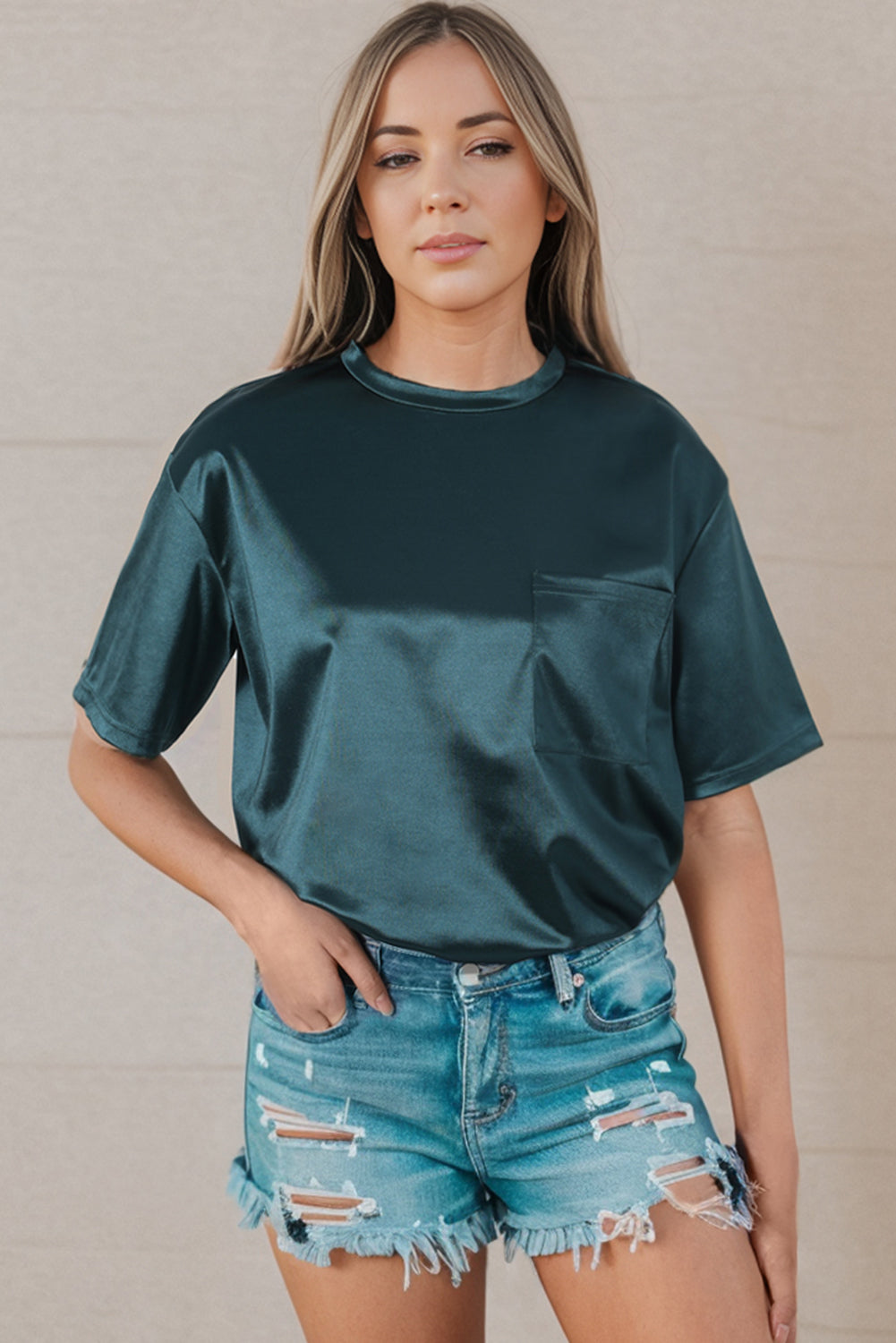 Glitter Chest Pocket Round Neck Long Sleeve Top