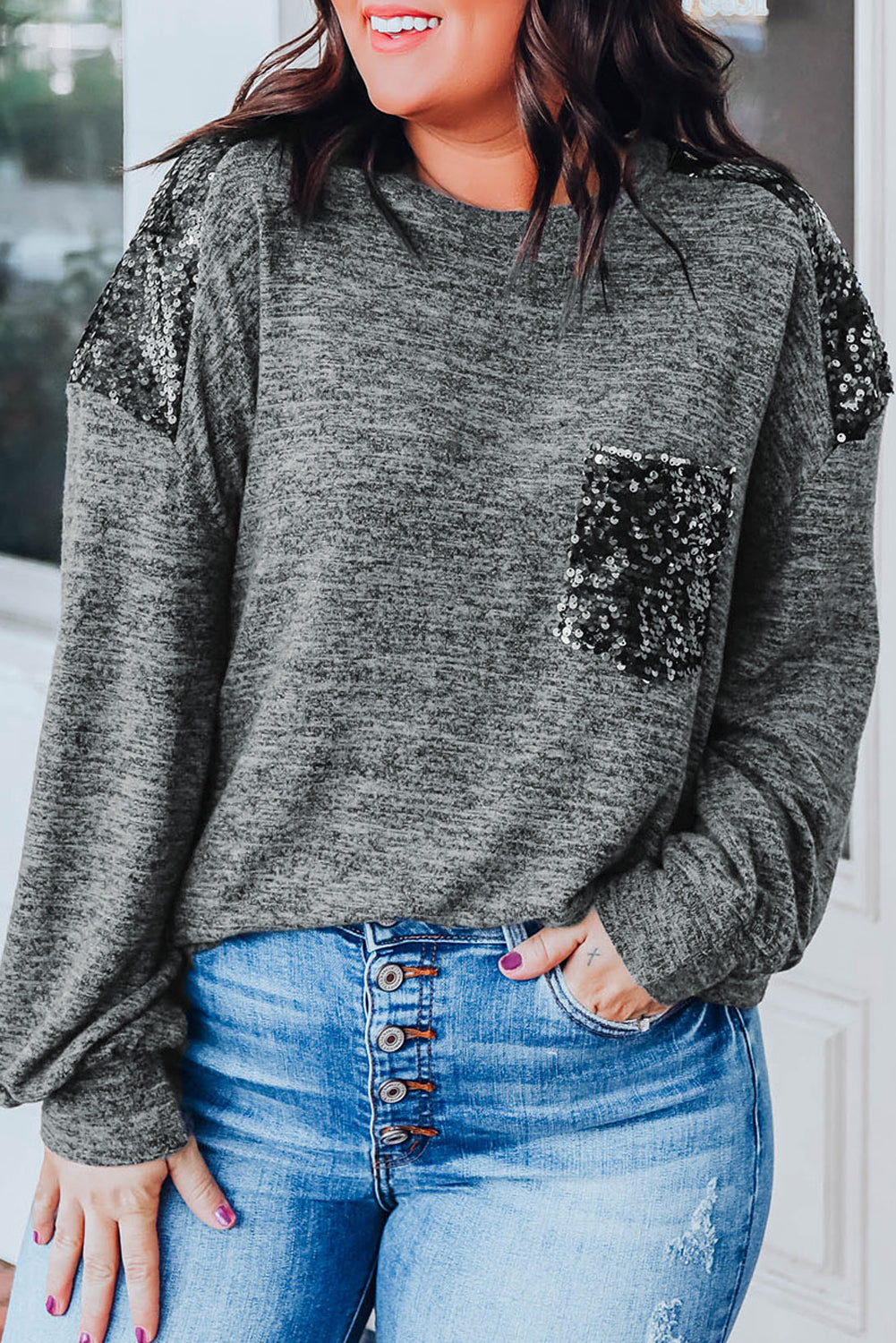 Sequin Patchwork Long Sleeve Plus Size Top