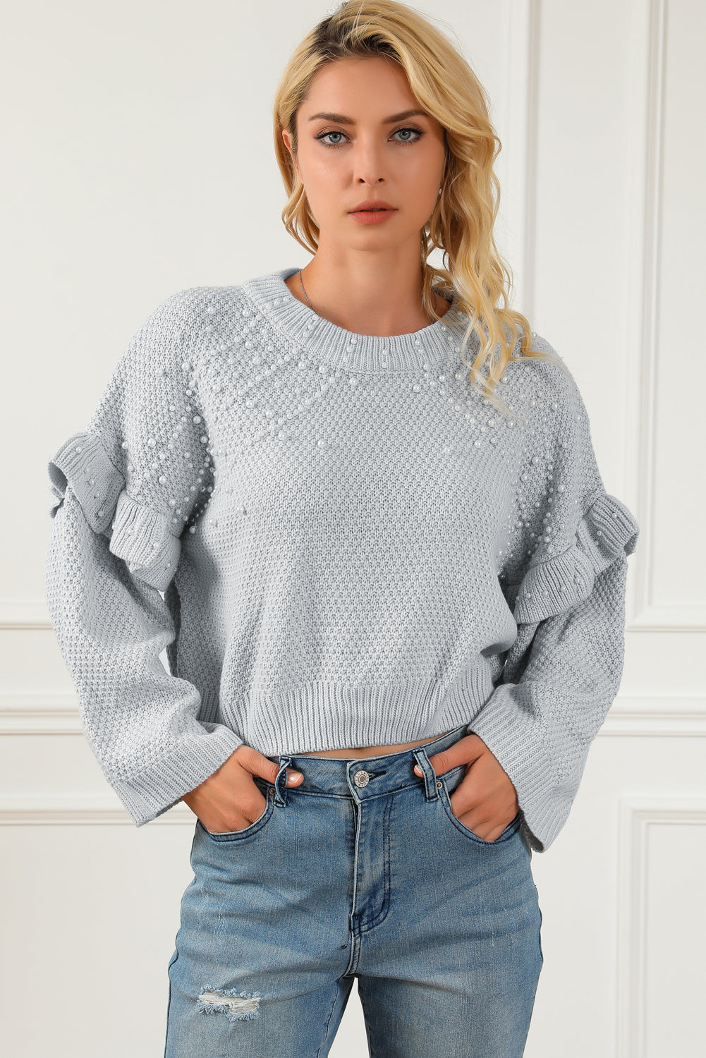 Gray Pearl Embellished Ruffle Wide Sleeve Sweater