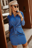 Ruched Front Tie Buttoned Long Sleeve Shirt Dress