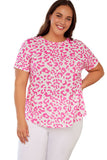 T-shirt en tricot texturé à manches courtes et imprimé léopard rose, grande taille