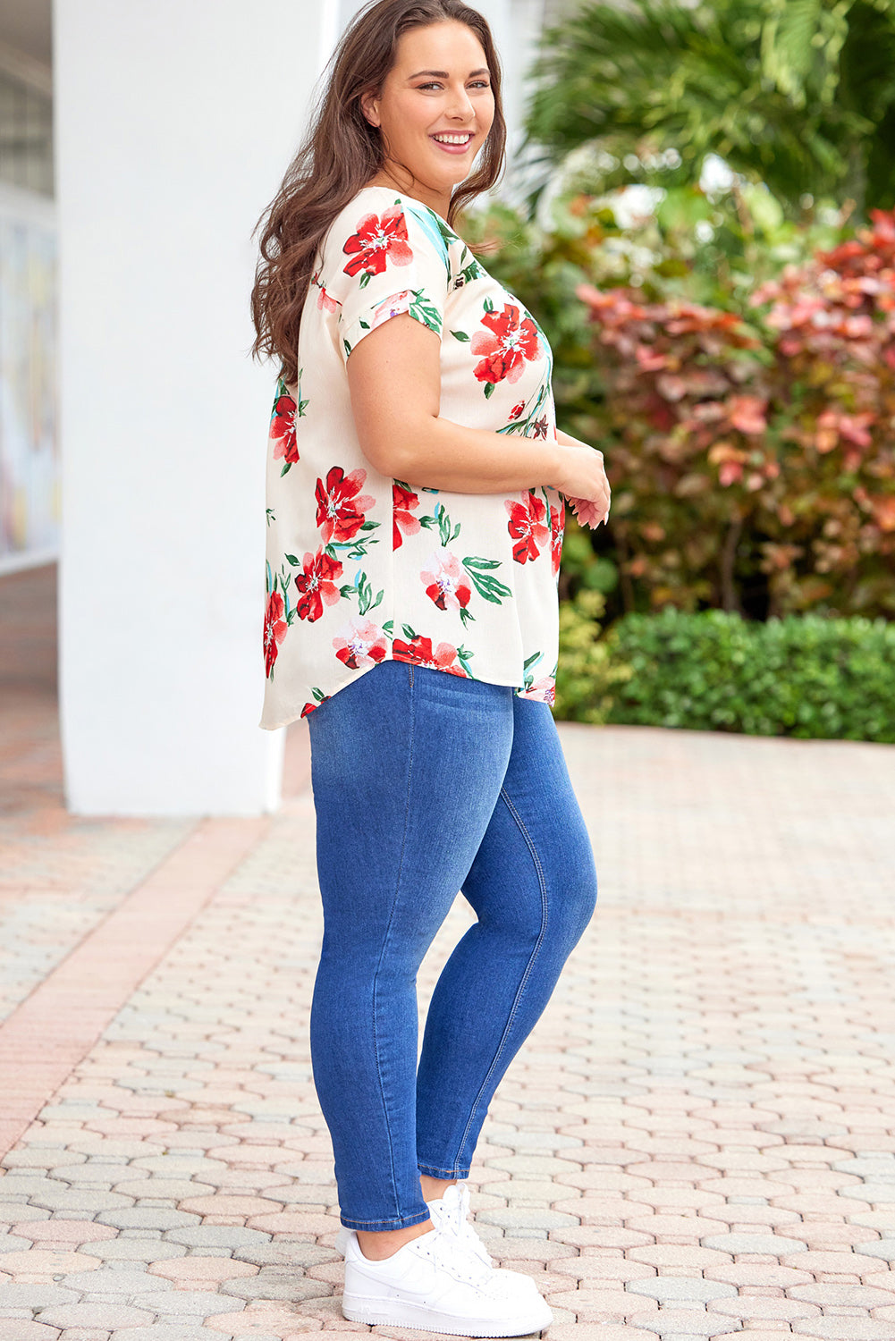 T-shirt Beige à Imprimé Floral Grande Taille