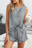 Dark Gray Crew Neck Tank and Drawstring Ruffled Shorts Lounge Set