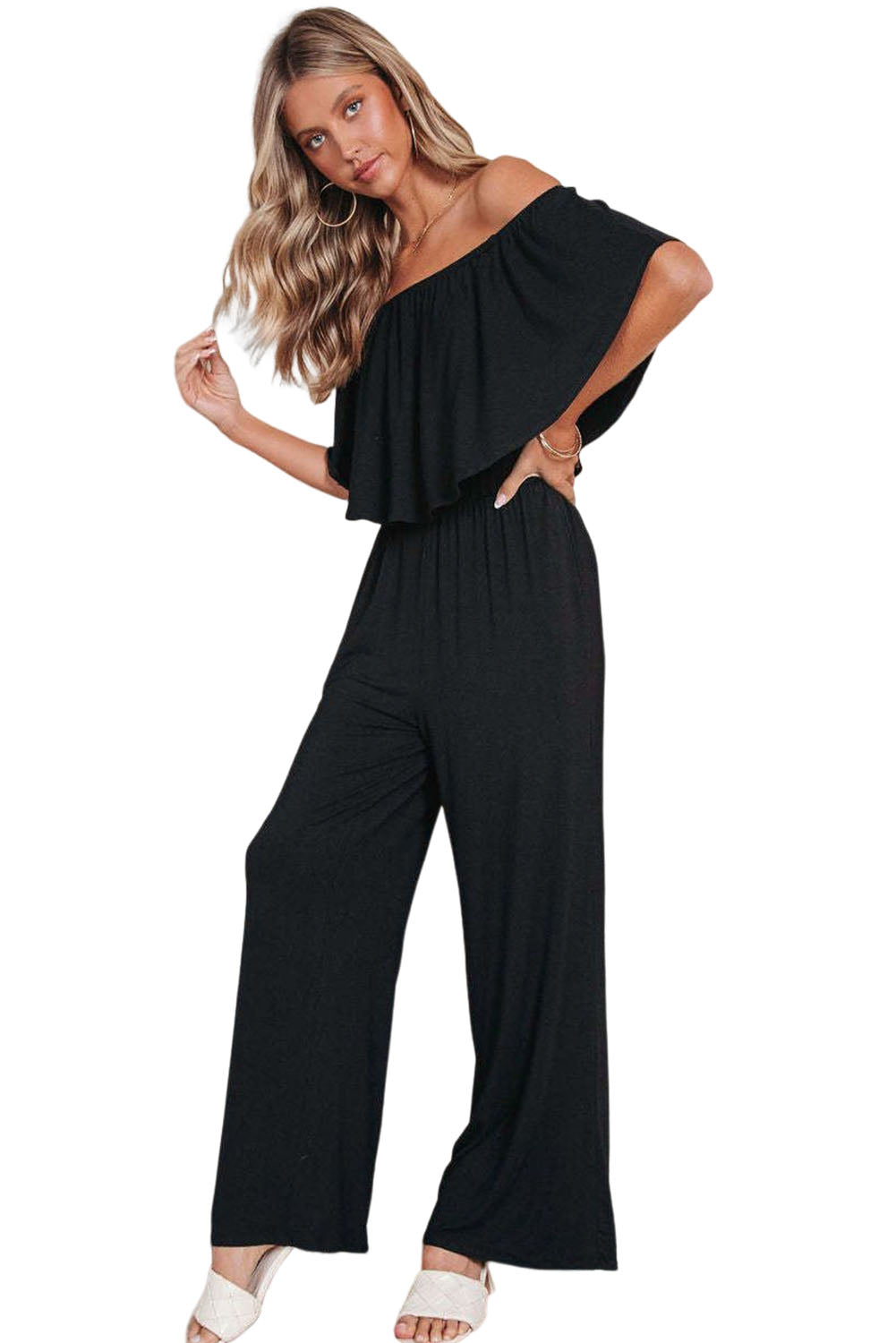 Solid Color Off Shoulder Wide Leg Jumpsuit