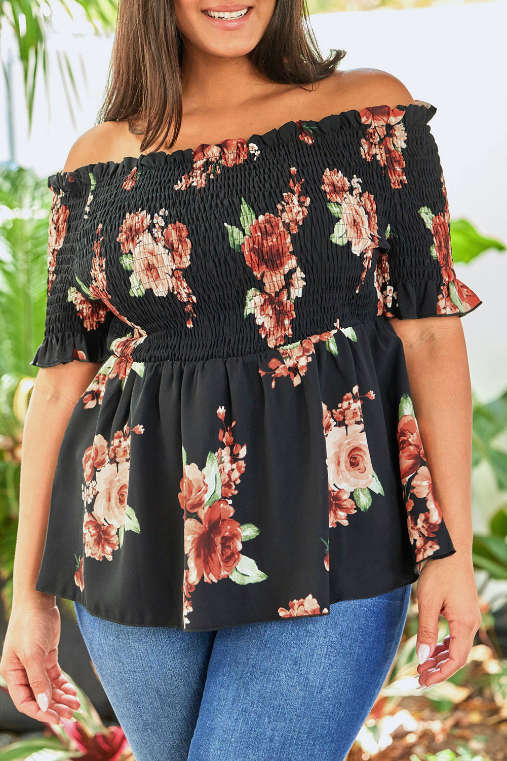 Floral Smocked Off Shoulder Plus Size Blouse