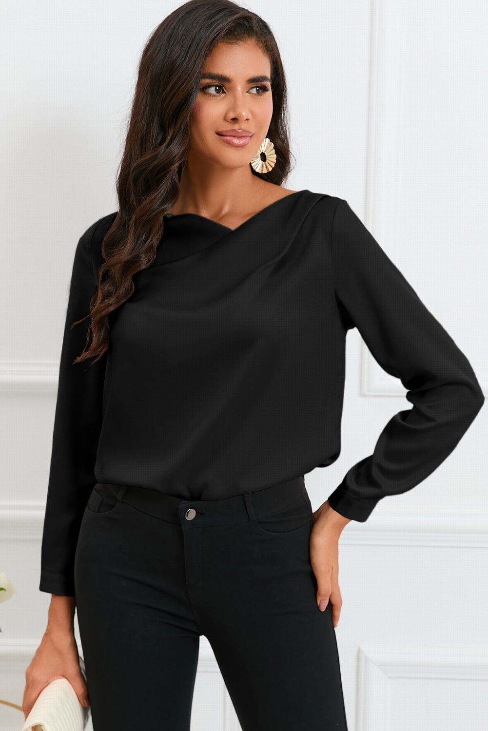 Solid Asymmetric V Neck Long Sleeve Satin Blouse