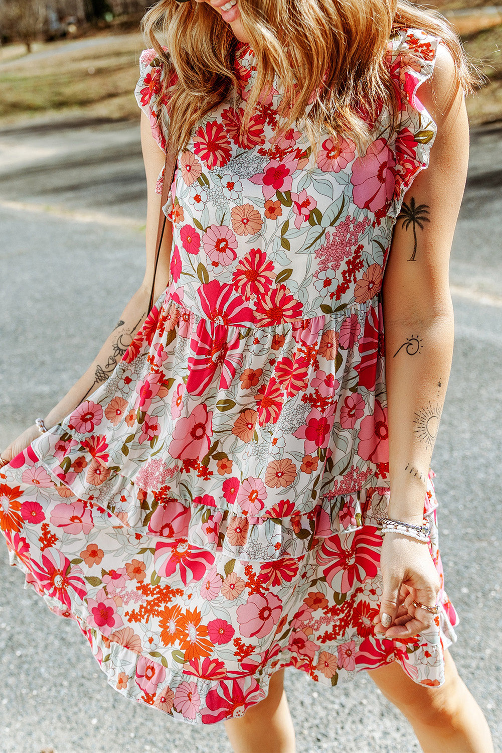 Purple Multicolor Flutter Floral Print Flowy Tank Top