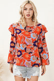 Red Floral Print Ruffle Puff Sleeve Blouse