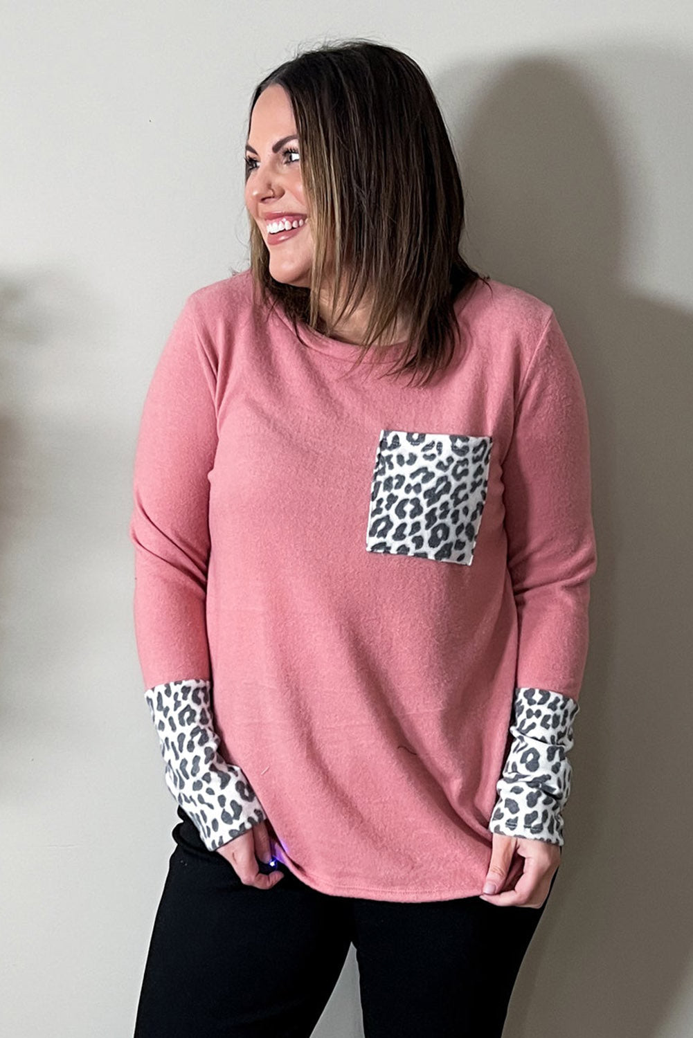 Leopard Cuffs Brushed Plus Size Top