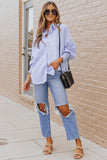 Smocked Cuffed Striped Boyfriend Shirt with Pocket