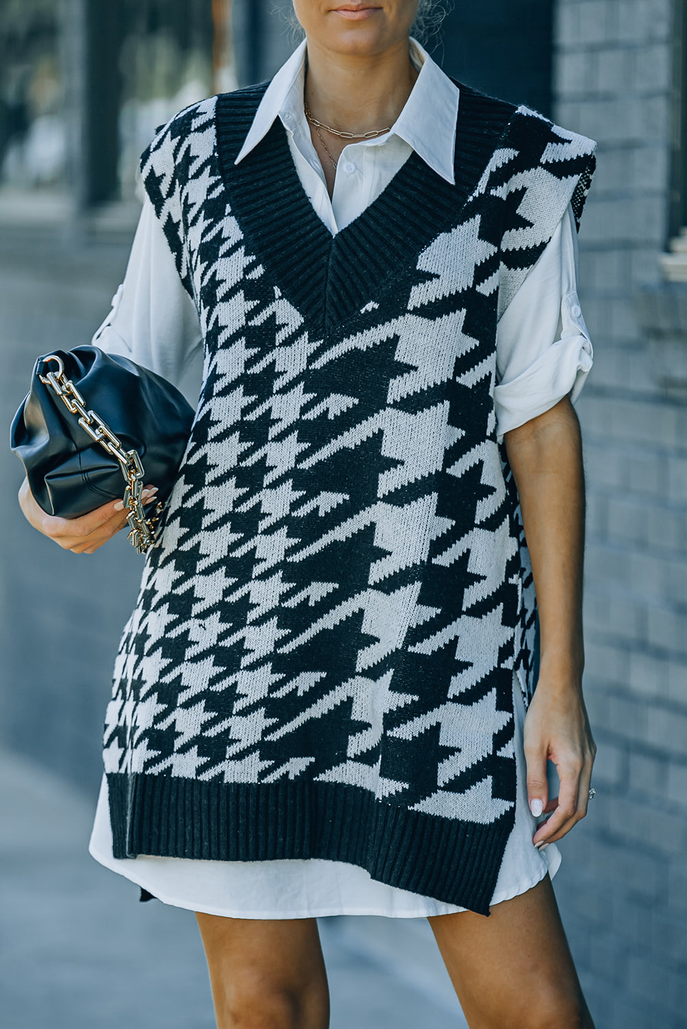 Houndstooth Sweater Vest with Slits