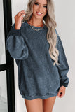 Pink Solid Ribbed Knit Round Neck Pullover Sweatshirt