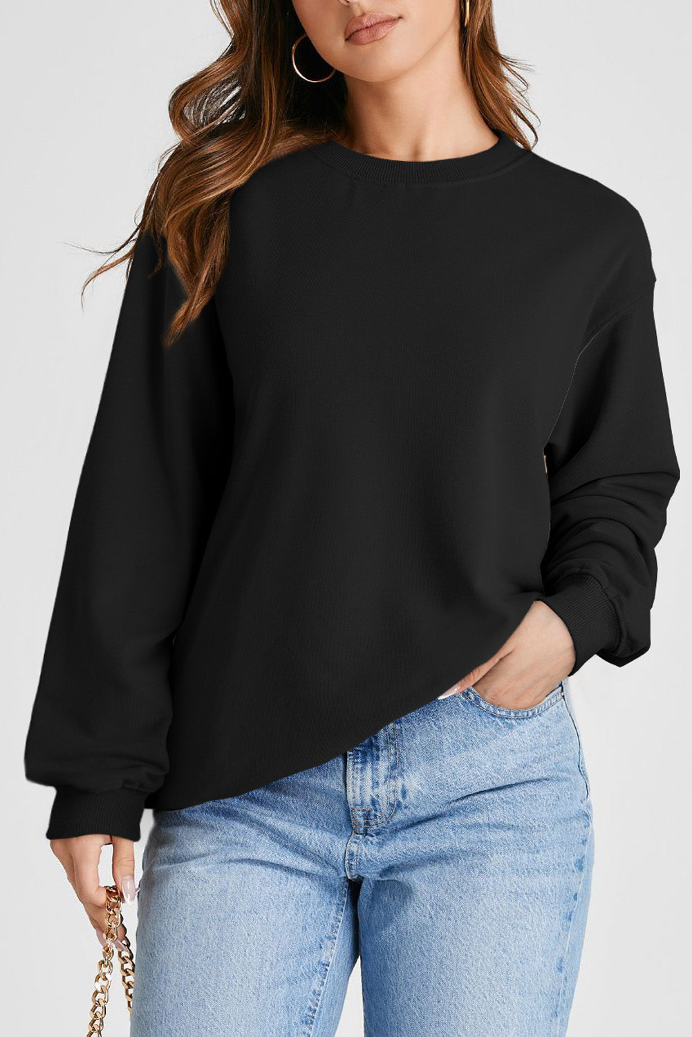 Navy Blue Plain Drop Shoulder Crewneck Pullover Sweatshirt