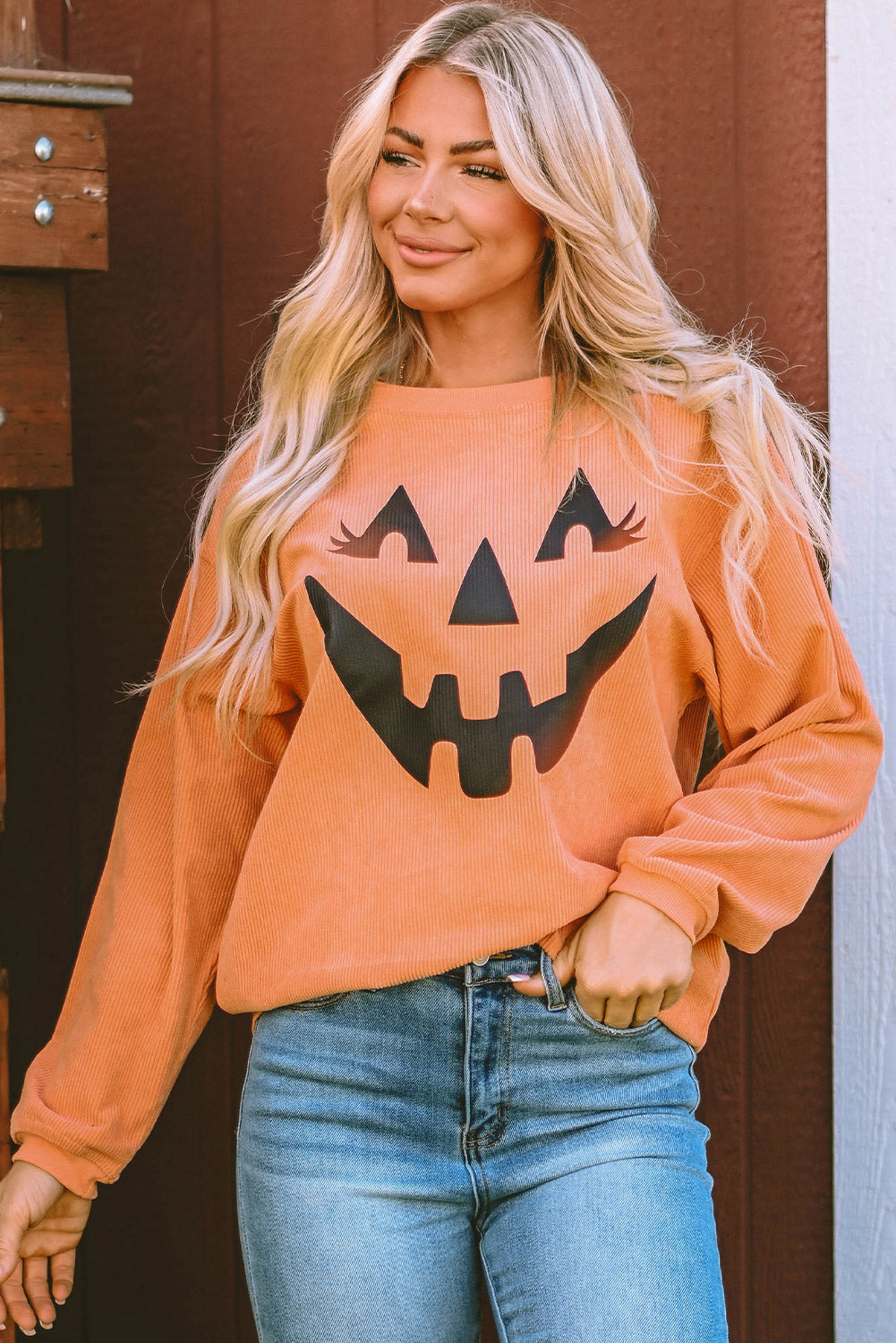 Orange Spooky Season Ghost Print Ribbed Pullover Sweatshirt