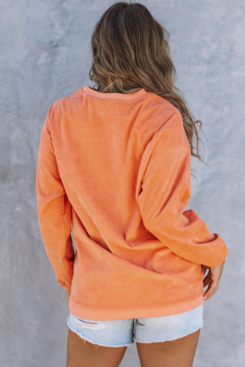 Orange Spooky Season Ghost Print Ribbed Pullover Sweatshirt