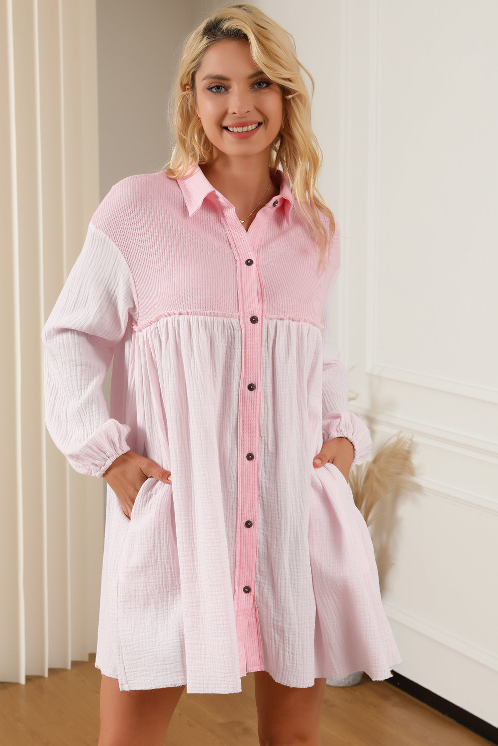 Patchwork Crinkle Puff Sleeve Shirt Dress